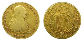 Carlos IV (1788-1808). 1801. CN. 2 Escudos. Sevilla. (AC 1437). 6,72 gr. AU.
BC