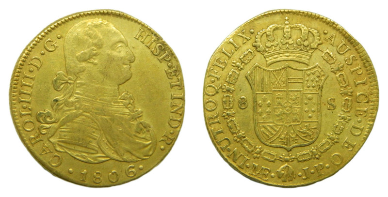Carlos IV (1788-1808). 1806 JP. 8 Escudos. Lima. Perú (AC 1613). 26,9 gr. AU.
M...