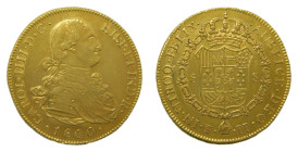Carlos IV (1788-1808). 1800 PP. 8 Escudos. Potosí (AC 1706). 27 gr. AU. Leve hojita en reverso.
MBC+