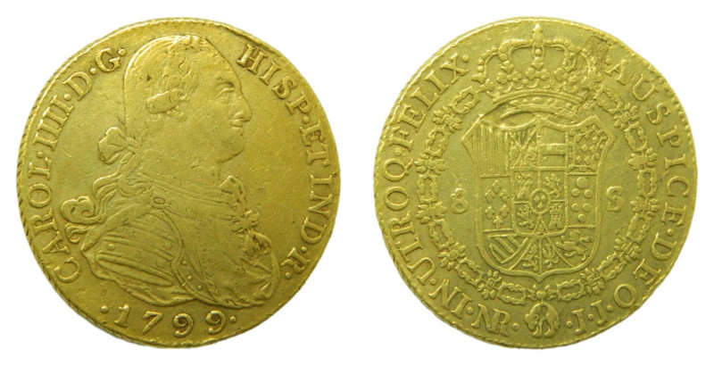 Carlos IV (1788-1808). 1799 JJ. 8 Escudos. Santa fe de Nuevo Reino (AC 1733). 26...
