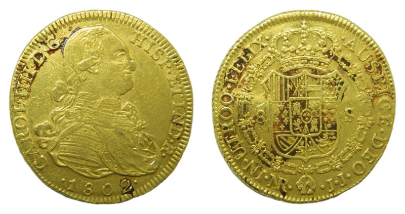 Carlos IV (1788-1808). 1802 JJ. 8 Escudos. Santa fe de Nuevo Reino (AC 1740). A2...
