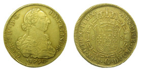 Carlos IV (1788-1808). 1790 DA. 8 Escudos. Santiago (AC 1752). 27,02 gr. AU. Busto de Carlos III.
MBC