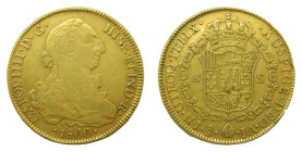 Carlos IV (1788-1808). 1800 JA. 8 Escudos. Santiago (AC 1767). 26,72 gr. AU. Busto de Carlos III. Leves rayitas de ajuste en reverso.
MBC