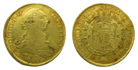 Carlos IV (1788-1808). 1802 JJ. 8 Escudos. Santiago (AC 1770). 27 gr. AU. Busto de Carlos III.
MBC+
