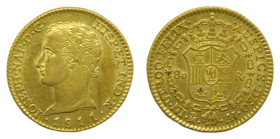 José Napoleón. 80 Reales. 1811 AI. Madrid (AC38). 6.8 gr. AU. Rayita en el cuello. Muy rara en este estado de conservación. Brillo original.
SC
