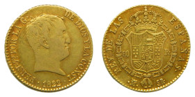 Fernando VII (1808-1833). 80 Reales. 1822 SR. Madrid. (AC.1641). 6,7 gr. AU. Tipo cabezón. Rayita en anverso.
BC+