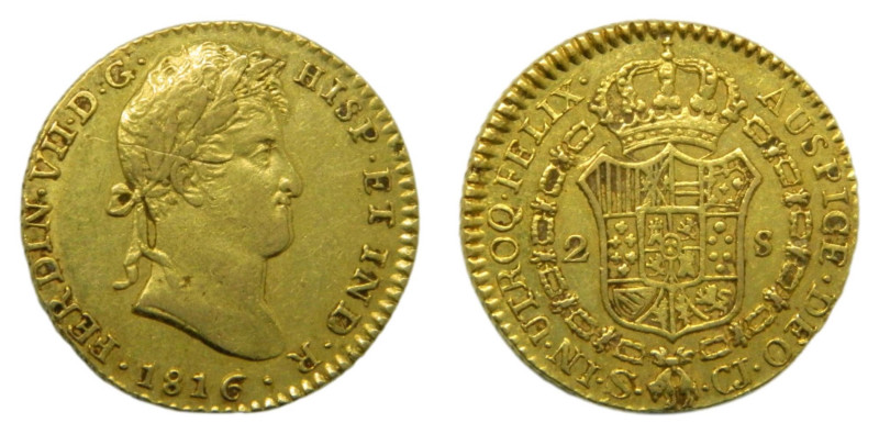 Fernando VII (1808-1833). 2 Escudos. 1816 CJ. Sevilla. (AC.1670). 6,8 gr. AU. Ra...