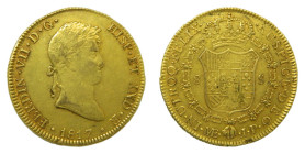 Fernando VII (1808-1833). 8 Escudos. 1817 JP. Lima. Perú. (AC.1764). 27,26 gr. AU. Busto laureado.
MBC