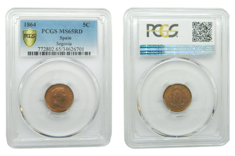 Isabel II (1833-1868). 5 Céntimos de real. 1864 Segovia. PCGS MS65RD
MS65