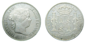 Isabel II (1833-1868). 1856. 20 Reales. Madrid. (AC612). 25,85 gr. AR. Leves puntitos de óxido en reverso.
MBC+