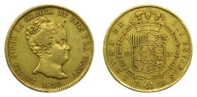 Isabel II (1833-1868). 1840 PS. 80 Reales. Barcelona. (AC 705) 6,72 gr. AU.
MBC