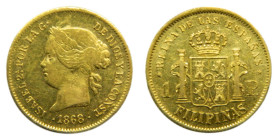 Isabel II (1833-1868). 1868. Peso. Manila. (AC833). 1,69 gr. AU. Muy bonita.
EBC
