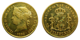 Isabel II (1833-1868). 1868. 4 Pesos. Manila. 6,73 gr. AU. (AC865). Brillo original.
EBC
