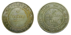 Revolución cantonal. 1873. 5 pesetas. Cartagena. (AC 9). Reverso coincidente. 100 perlas en anverso y 85 en reverso. 28,75 gr AR. Rara.
MBC