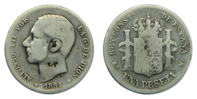 Alfonso XII. (1874-1885). 1884. 1 Peseta. Madrid. AR. Pequeño resello en cuello. RARA.
BC