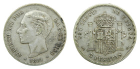 Alfonso XII (1874 - 1885). 1881 *18-81. 5 Pesetas. MSM. (AC. 44).
BC+