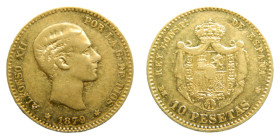 Alfonso XII. (1874-1885). 1879 *18-79 EMM. 10 Pesetas. Madrid. (AC66). 3,25 gr. AU. Muy rara.
EBC