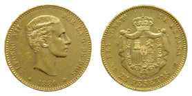 Alfonso XII (1874-1885). 1880 * 18-80 MSM. 25 Pesetas. Madrid (AC 79) 8,06 gr. AU. Brillo original.
SC-