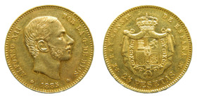 Alfonso XII (1874-1885). 1885 * 18-86 MSM. 25 Pesetas. Madrid (AC 91) 8,06 gr. AU. Muy rara.
MBC