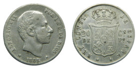 Alfonso XII. (1874-1885). 1882 sobre 81. 20 Centavos de Peso. Manila (Filipinas). AR. Sobrefecha clarísima. Muy rara así.
MBC