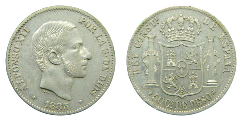 Alfonso XII (1874-1885). 1885. 50 Centavos de peso. Manila. (AC. 124). 12,98 gr....