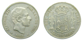 Alfonso XII (1874-1885). 1885. 50 Centavos de peso. Manila. (AC. 124). 12,98 gr. AR. Parte de brillo original.
EBC+