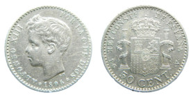 Alfonso XIII (1886-1931). 1896 *9-6. PGV. 50 Céntimos. Madrid. (AC 44). 2,5 gr. AR.
MBC+