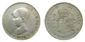 Alfonso XIII (1886-1931). 1888 *18-88. MSM. Madrid. 5 Pesetas. (AC. 89). 24,88 gr AR. Muy rara.
MBC