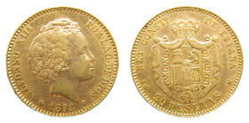 Alfonso XIII (1886-1931). 1892 *18-92. PGM. 20 Pesetas . Madrid. (AC 115). 6,42 gr. AU. Rara.
MBC+