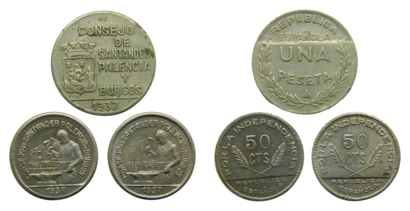 Guerra Civil (1936-1939). Lote 3 monedas. 50 céntimos, 50 céntimos PJR y 1 peset...