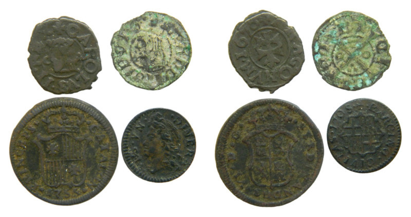 Lote 4 monedas. 1 Ardite 1755 Barcelona, 1 diner 1708 Carlos III (Pretendiente) ...