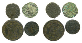 Lote 4 monedas. 1 Ardite 1755 Barcelona, 1 diner 1708 Carlos III (Pretendiente) Barcelona, 2 maravedís Carlos II 1678 Zaragoza, Diner Fernando II Barc...