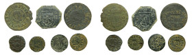 Lote 7 monedas Felipe IV. 4 Maravedís 1662-M Trujillo, 4 maravedís 1664-S Madrid, 4 maravedís 1663-S Madrid, 4 maravedís 1664-R Burgos, 8 maravedís 16...