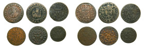 Lote 6 monedas. 1 Treseta 1710 Valencia, Seiseno 1711 Valencia, 1 sisé 1712 Valencia, Sisé 1713 Valencia, 4 maravedís 1719 Valencia, 4 maravedís 1719 ...