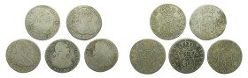Lote 5 monedas de 2 reales Carlos IV. Madrid y Sevilla.
BC