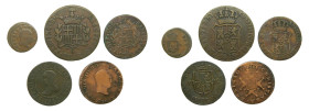 Lote 5 monedas. 1 Maravedí 1830 Pamplona, 3 cuartos 1823 Barcelona, 6 cuartos 1823 Barcelona, 12 diners 1812 Baleares, 3 maravedís 1826 Pamplona.
BC+...