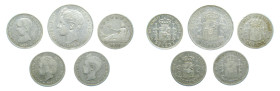 Lote 5 monedas Alfonso XIII y República. 1 Peseta 1896 , 4 de 50 céntimos 1870, 1892, 894, 1896. AR. A examinar.
MBC