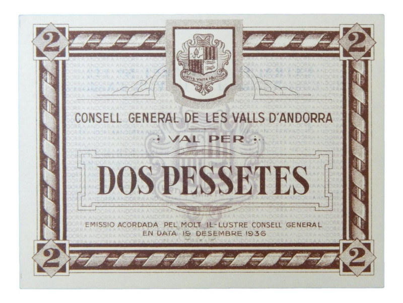 ANDORRA. 2 pesetas 1936. Emisión en marrón. (T.10). Muy Raro.
SC