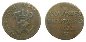 American colonial / France. Louis XV. 9 Deniers. 1722 H. La Rochelle. (Km#5.2). AE. Rare.
MBC