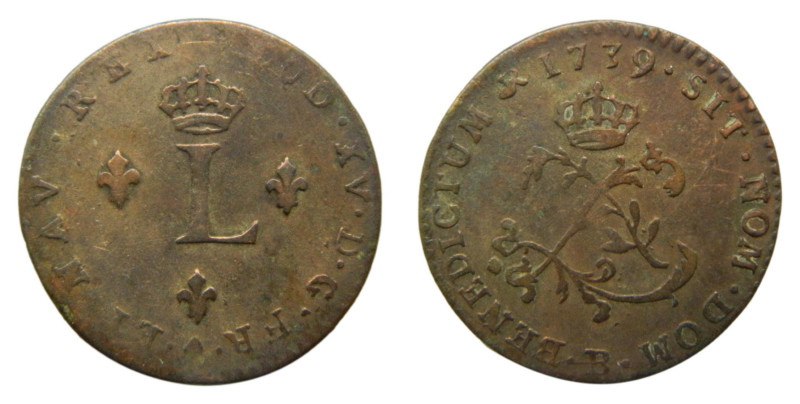 American colonial / France. Louis XV. 1739 B. Double sol. (Sou Marqué) Billon.
...