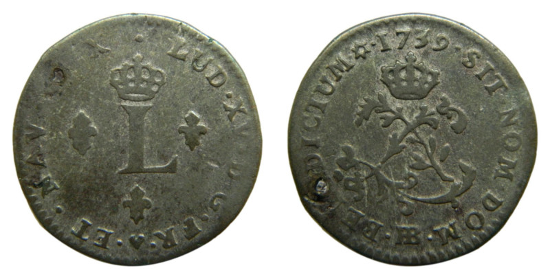 American colonial / France. Louis XV. 1739 BB. Double sol. (Sou Marqué) Billon. ...