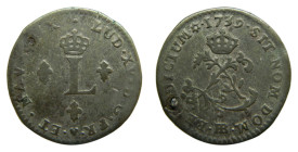 American colonial / France. Louis XV. 1739 BB. Double sol. (Sou Marqué) Billon. Agujero.
BC