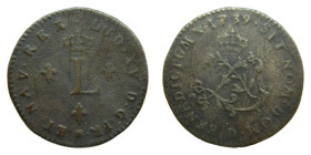 American colonial / France. Louis XV. 1739 D. Double sol. (Sou Marqué) Billon.
BC