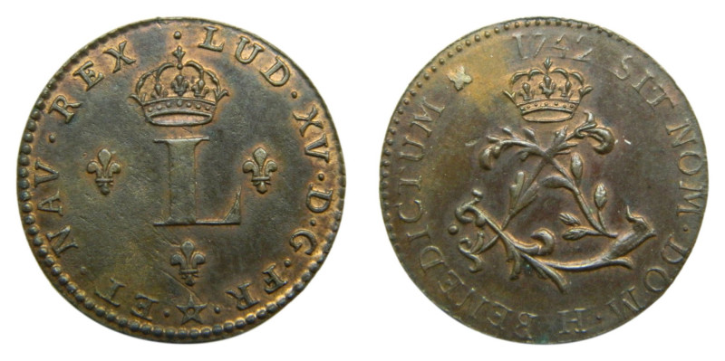 American colonial / France. Louis XV. 1742 H. Double sol. (Sou Marqué) Billon.
...