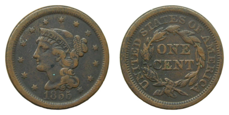 ESTADOS UNIDOS DE AMERICA / UNITED STATES. Cent. 1855. (KM#67). Braided Hair Cen...