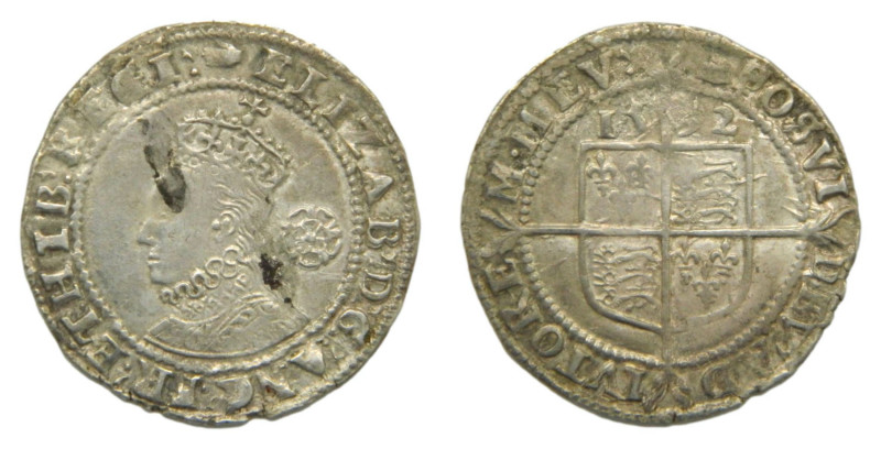 Elizabeth I (1558-1603), Silver sixpence. 1592. Tower mint. Hand as mintmark. AR...