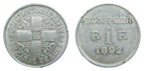EGYPT. Suez Canal Token1892. 1 Franc. Lec# 16. Société Coopérative du Canal de Suez. Aluminio, ligero desplazado en reverso, puntitos de óxido. Escasa...