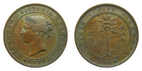 CEYLON. 1870. 5 Cents. (KM#93). Queen Victoria.
EBC+