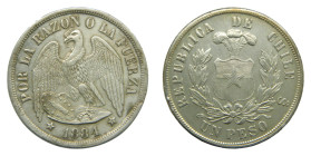 CHILE. 1884. Peso. Sº Santiago. (KM#142.1). Condor. 25,15 gr. AR.
MBC+