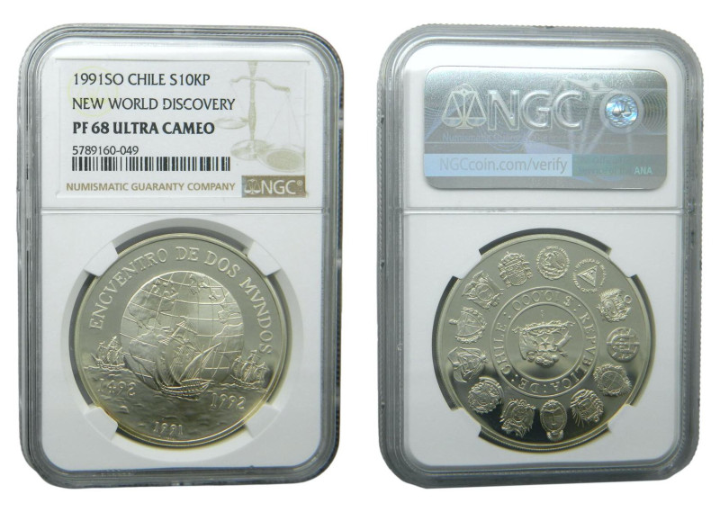 CHILE. 1991. 10000 pesos. (KM#230). 27 gr. AR. 925. Encuentro de dos mundos. Ser...
